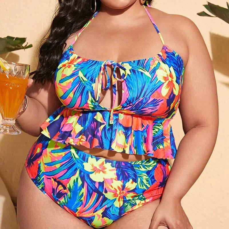 Wholesale Large Size Swimwear Floral Print Fat Women Sexy Swimsuit Big Bathing Suit Halter High Waist Plus Size Bikini Set 2023