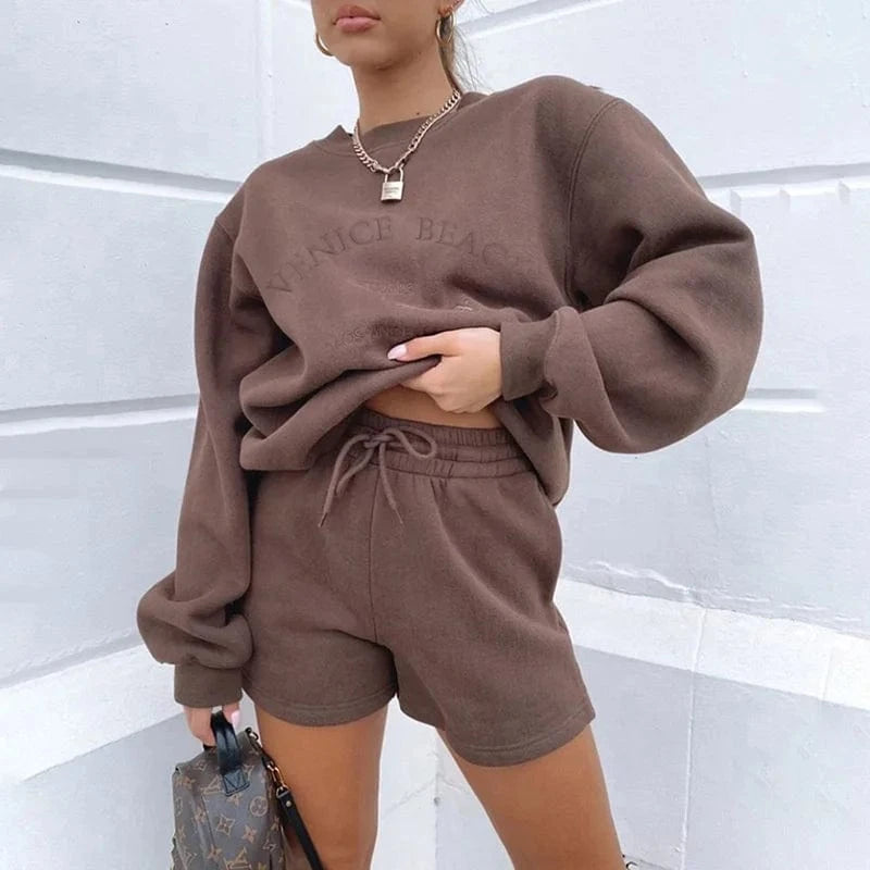 Wholesale Letter Embroidery Women Loose Casual Sweatshirt Fleece Pullovers and Drawstring Shorts Two Pieces Set Thick Tracksuit