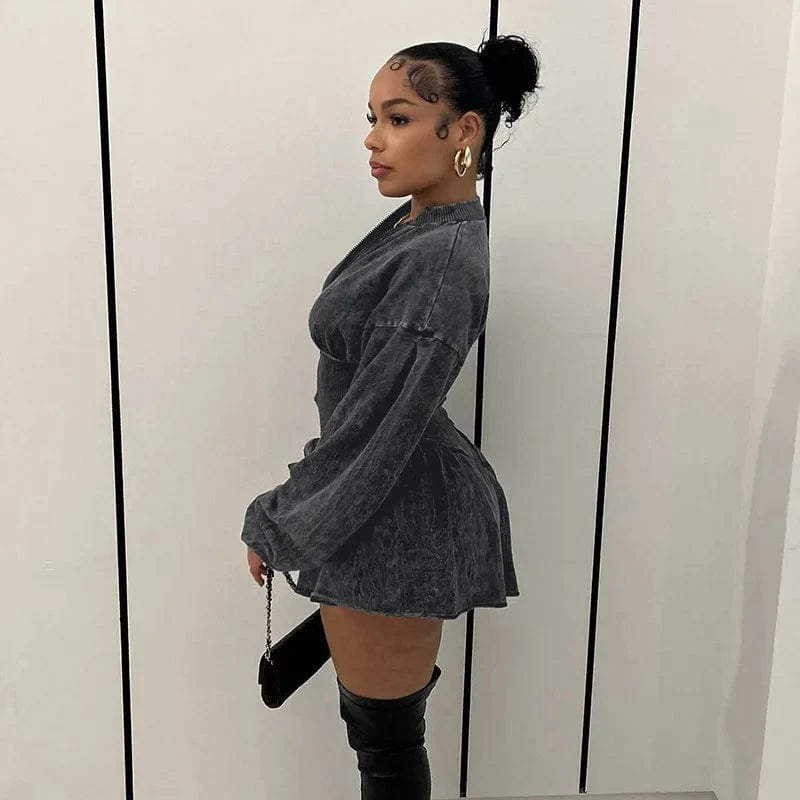 Wholesale long sleeve acid wash a line dress fashion patchwork distressed ruffled short dresses women