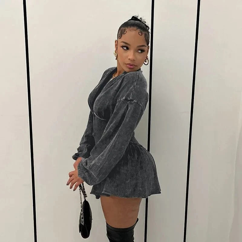 Wholesale long sleeve acid wash a line dress fashion patchwork distressed ruffled short dresses women
