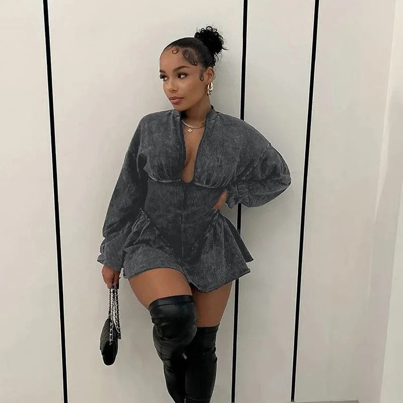 Wholesale long sleeve acid wash a line dress fashion patchwork distressed ruffled short dresses women