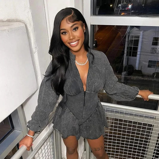 Wholesale long sleeve acid wash a line dress fashion patchwork distressed ruffled short dresses women