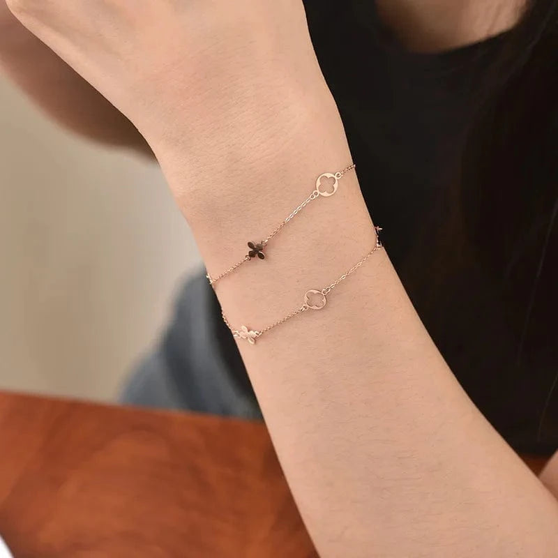 Wholesale Luxury Jewelry 14K Yellow/Rose Gold Chain Fashion Double Layer Hollow Four Leaf Clover Bracelet for Women