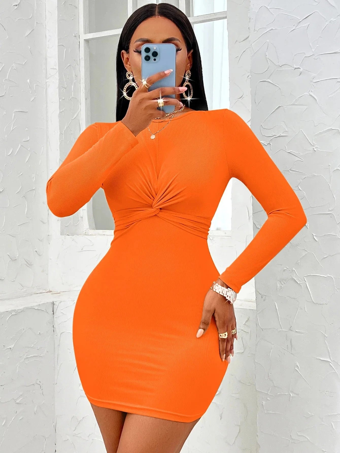 Wholesale new 2024 women's clothing ladies sexy night club casual crewneck twisted long sleeve women bodycon skirt dress