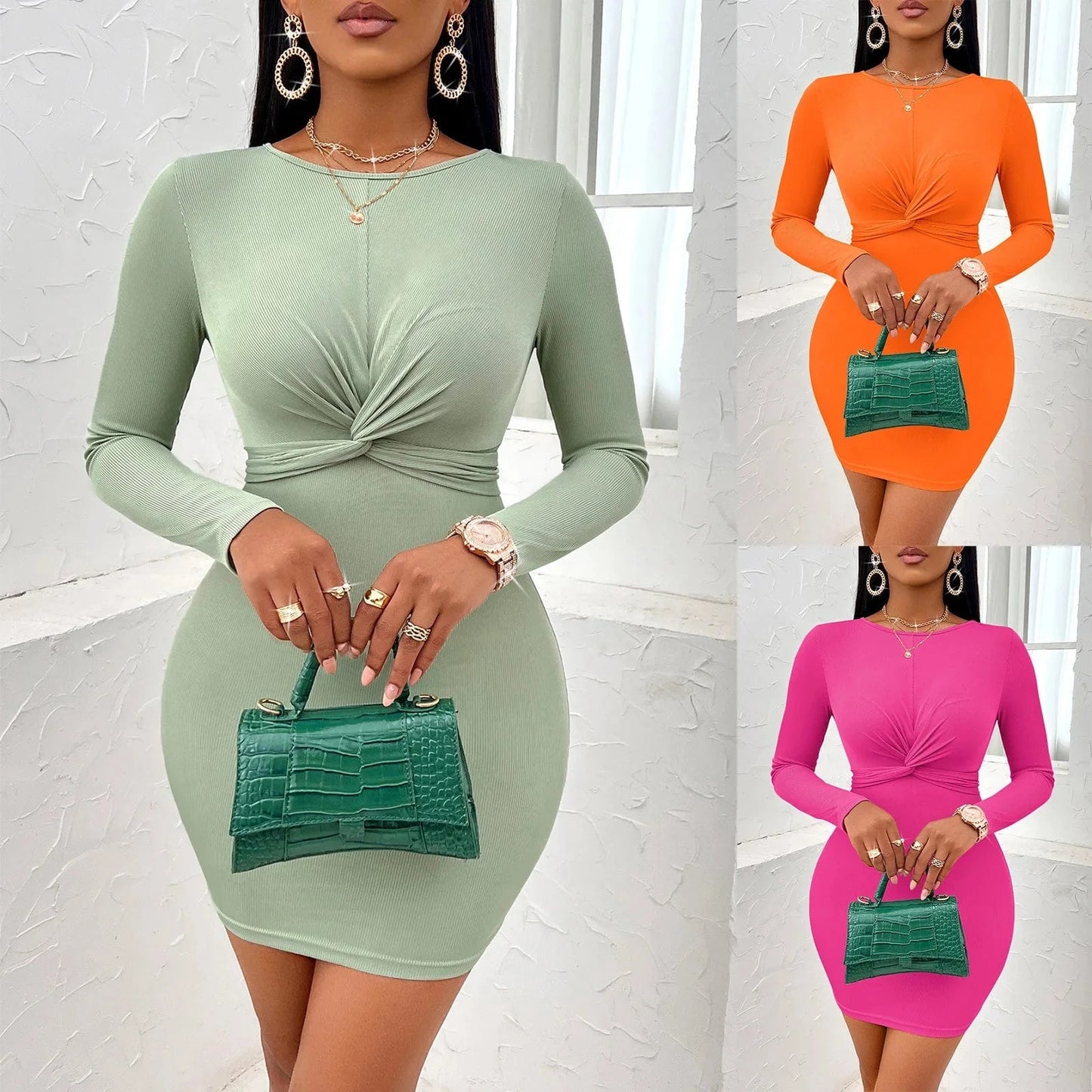 Wholesale new 2024 women's clothing ladies sexy night club casual crewneck twisted long sleeve women bodycon skirt dress