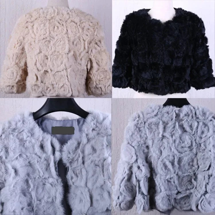 Wholesale New Design Rose Knitted O-Neck Trench Real Rabbit Fur Coats