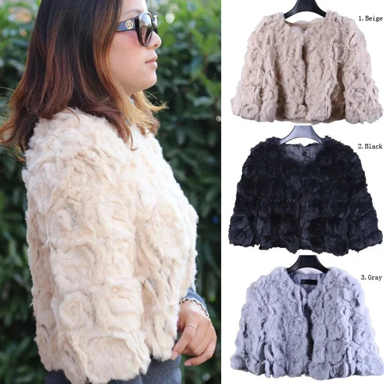 Wholesale New Design Rose Knitted O-Neck Trench Real Rabbit Fur Coats