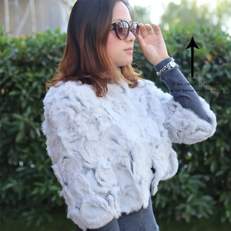 Wholesale New Design Rose Knitted O-Neck Trench Real Rabbit Fur Coats