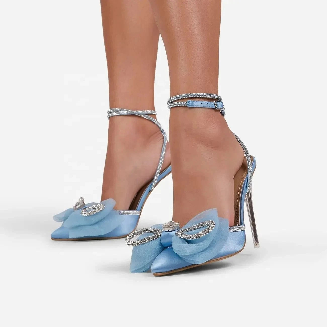 Wholesale New Design Women Heels Shoes Chriselle Bow Detail Diamante Lace Up Clear Perspex Heel In Blue Satin Women Heels Pumps