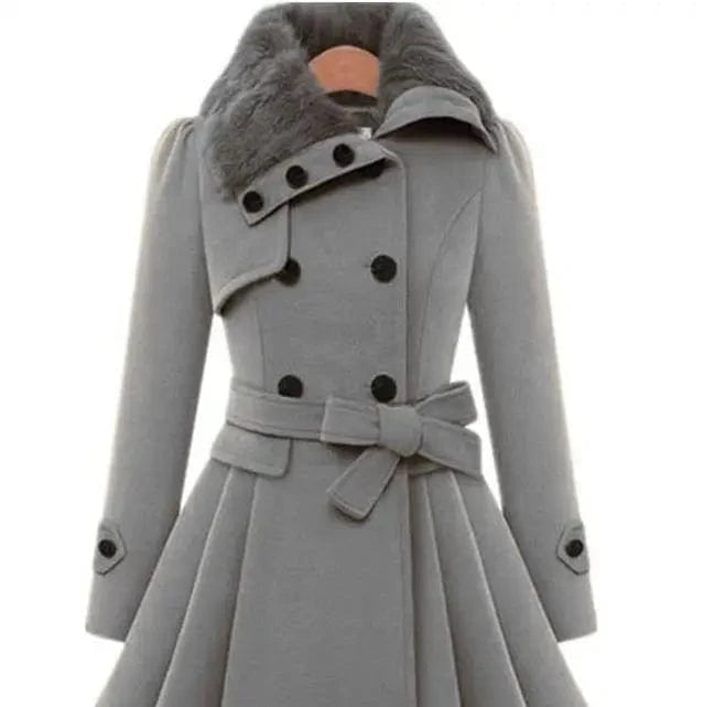 Wholesale New Fashion Women Girls Fur Collar design warm long plus size double breast button belt sur collar winter coat women