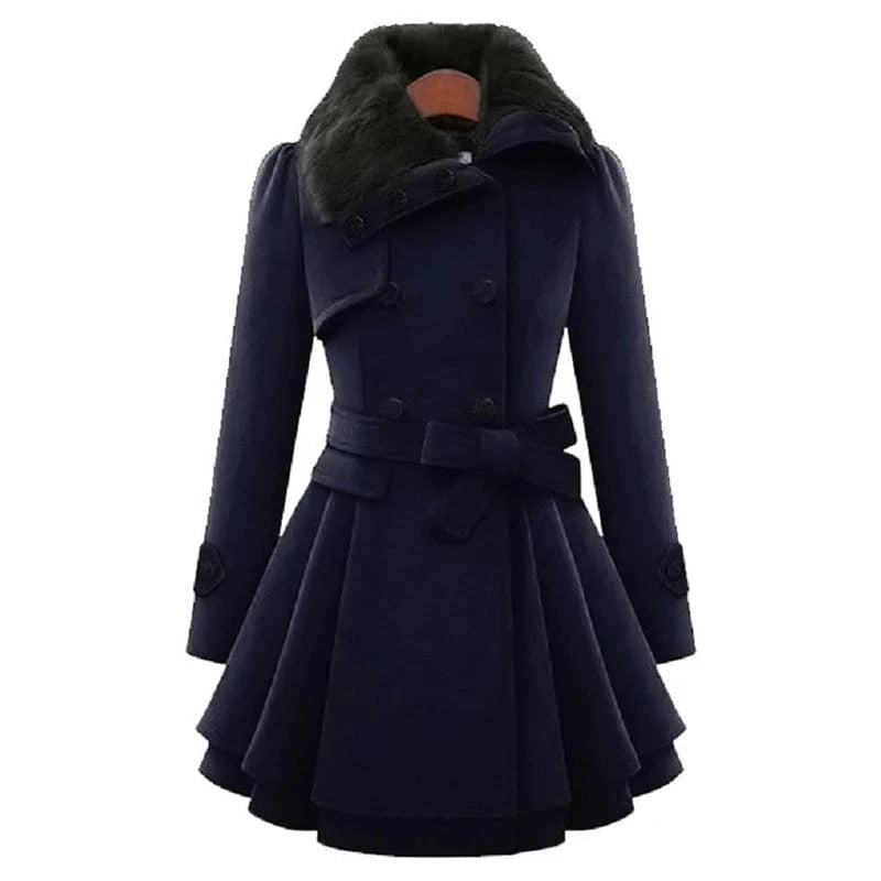 Wholesale New Fashion Women Girls Fur Collar design warm long plus size double breast button belt sur collar winter coat women