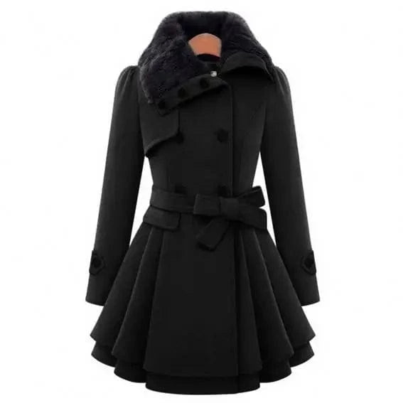 Wholesale New Fashion Women Girls Fur Collar design warm long plus size double breast button belt sur collar winter coat women