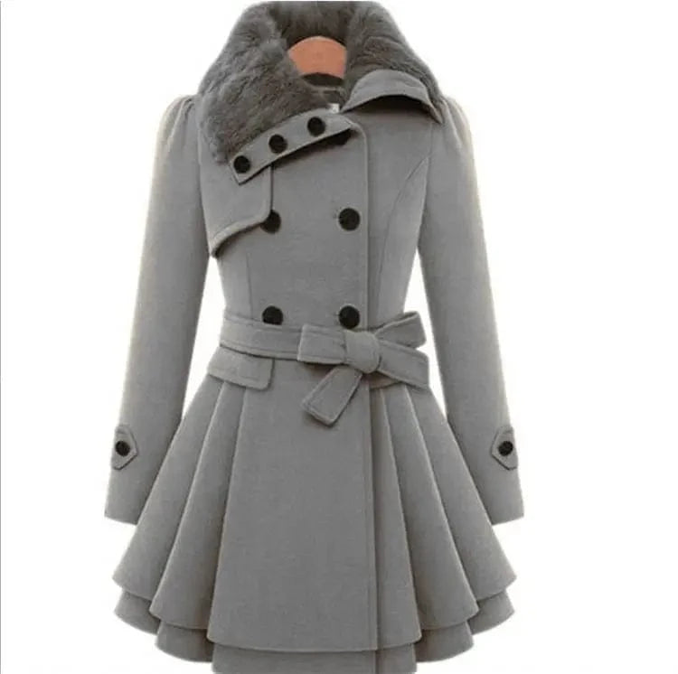 Wholesale New Fashion Women Girls Fur Collar design warm long plus size double breast button belt sur collar winter coat women