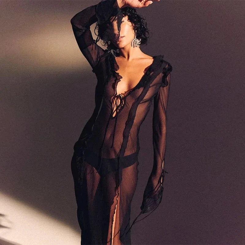 Wholesale New style Vacation Wear Sexy Sun Cover Up Summer Beach ladies Mature Slit V-Neck Long maxi Chiffon Dress for women