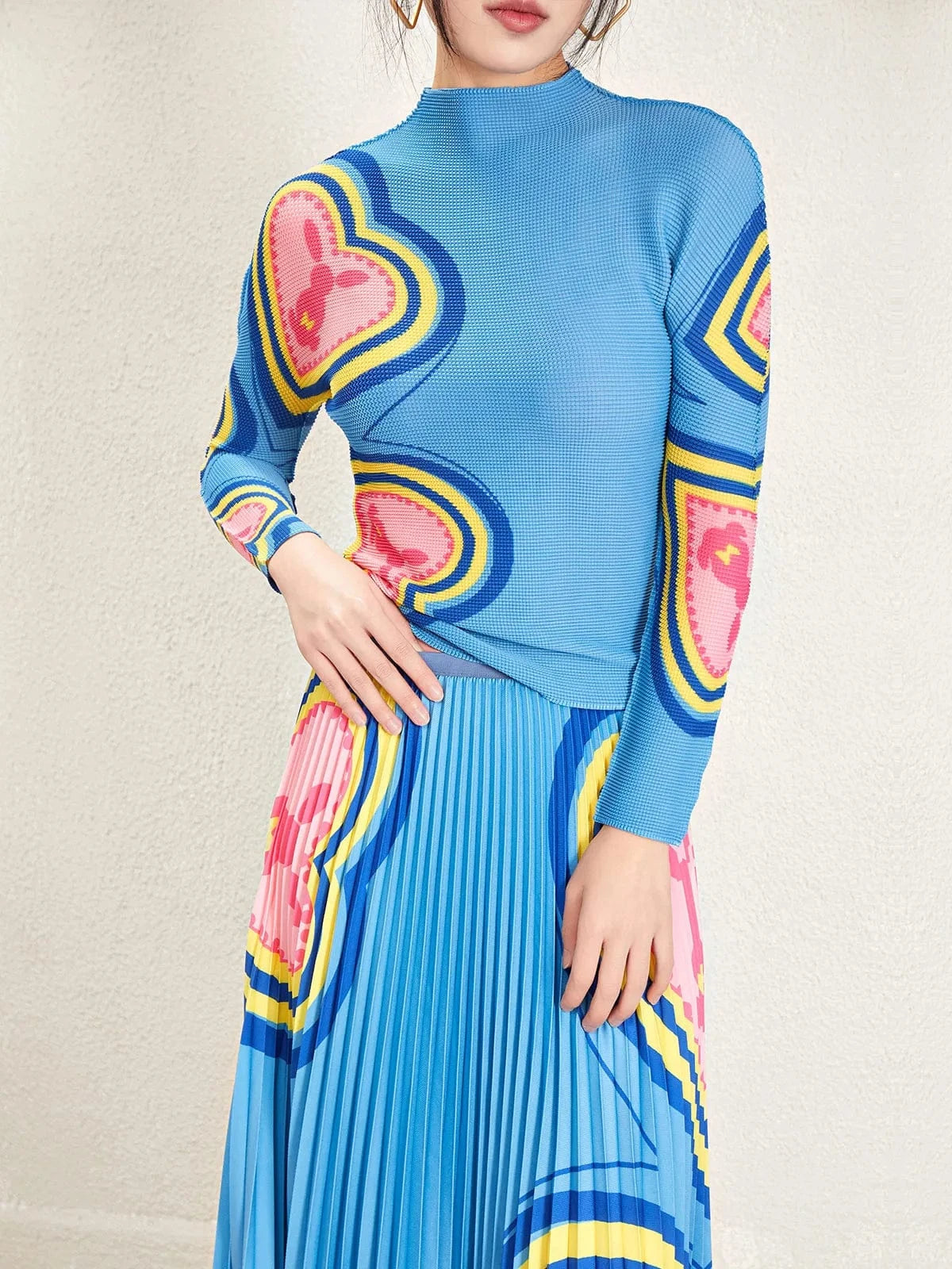 Wholesale Pleated Skirt Set 2024 Latest Accept Custom Printed Long Sleeve Top Printed Long Pleated Skirt Two Piece Set