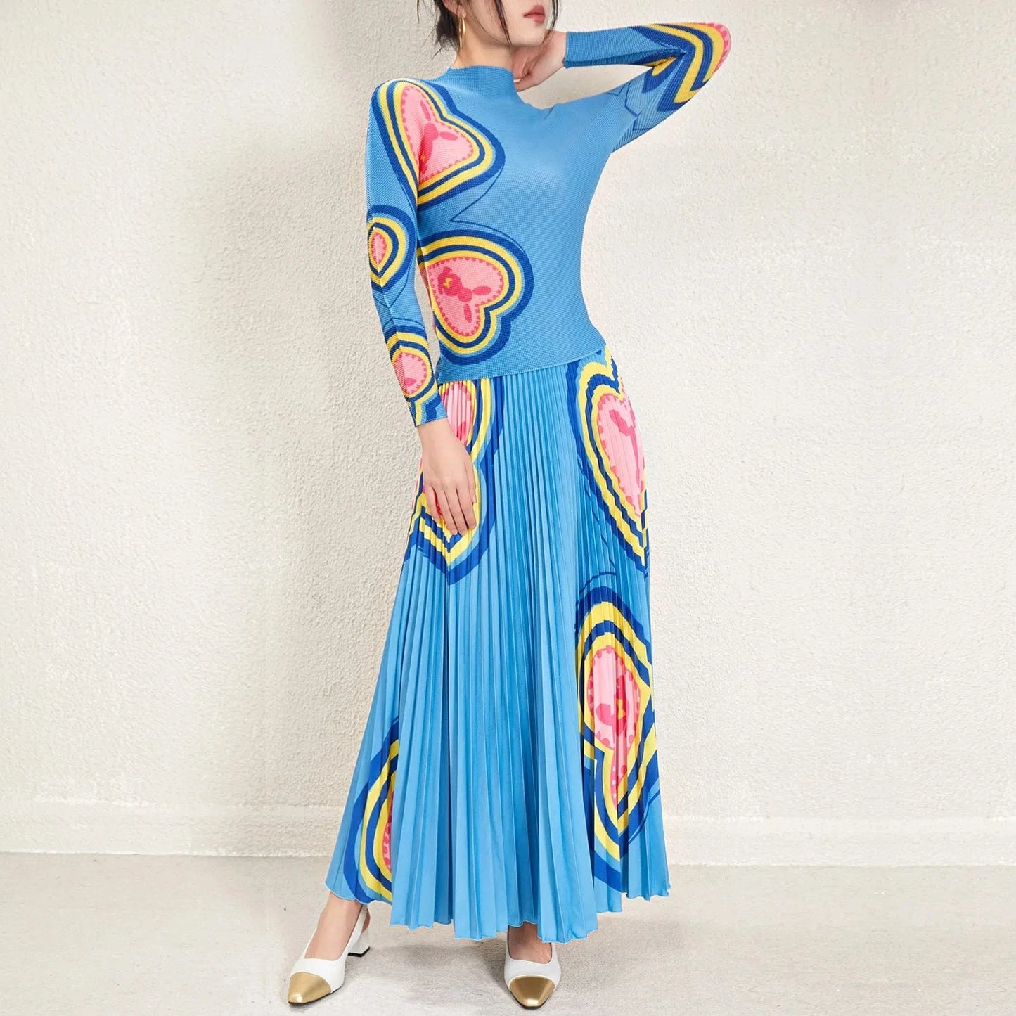 Wholesale Pleated Skirt Set 2024 Latest Accept Custom Printed Long Sleeve Top Printed Long Pleated Skirt Two Piece Set