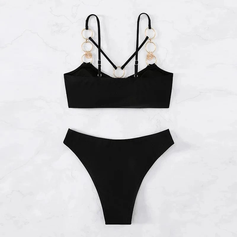 Wholesale Summer Beach Women Sexy Bikini Metal Ring Swimsuits Hollow Out Bathing Suit 2 Pieces Black Swimwear 2023 Summer