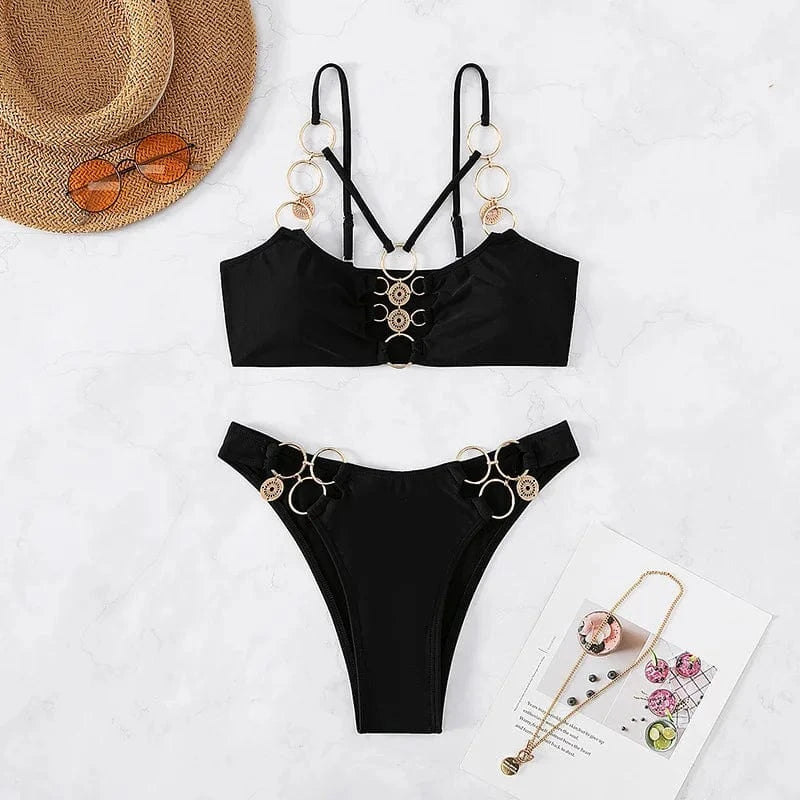 Wholesale Summer Beach Women Sexy Bikini Metal Ring Swimsuits Hollow Out Bathing Suit 2 Pieces Black Swimwear 2023 Summer