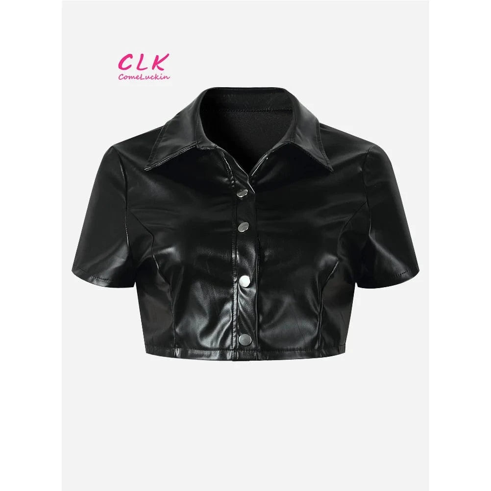 Wholesale Summer Clothing 2024 Pu Leather Matching Sets Casual Short Sleeve Buttons Top Shorts Suits Black Pu Leather Set
