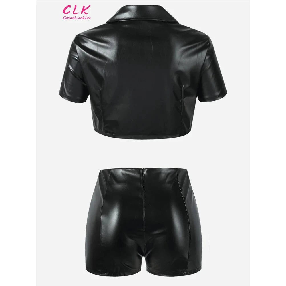 Wholesale Summer Clothing 2024 Pu Leather Matching Sets Casual Short Sleeve Buttons Top Shorts Suits Black Pu Leather Set