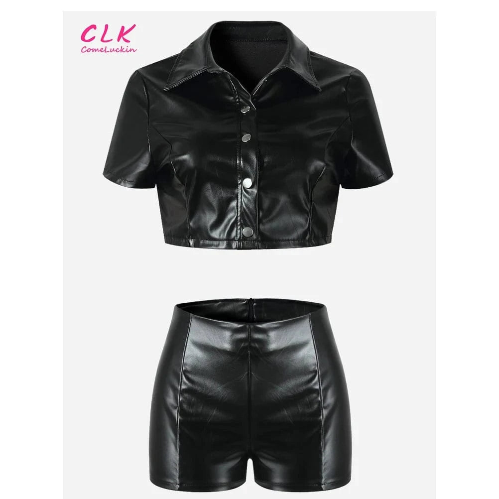 Wholesale Summer Clothing 2024 Pu Leather Matching Sets Casual Short Sleeve Buttons Top Shorts Suits Black Pu Leather Set