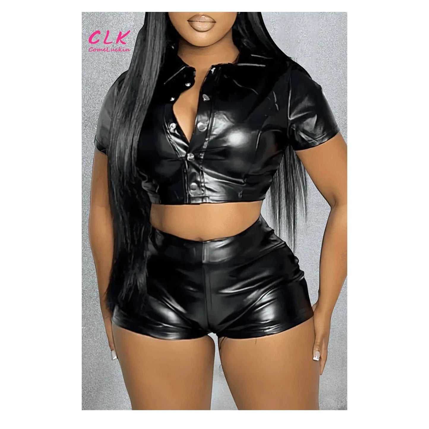Wholesale Summer Clothing 2024 Pu Leather Matching Sets Casual Short Sleeve Buttons Top Shorts Suits Black Pu Leather Set