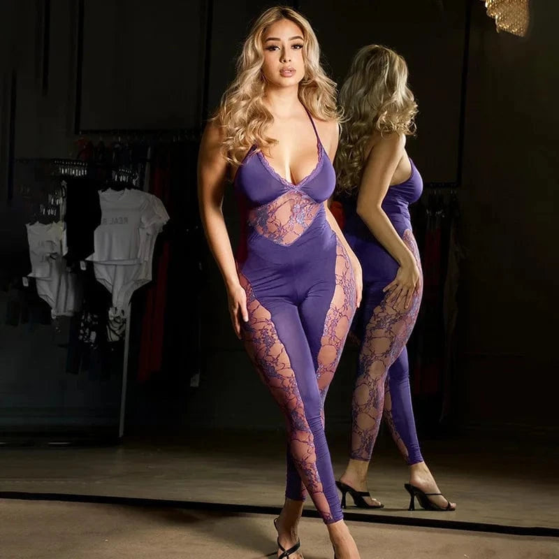 Wholesale summer mesh patchwork see through bodycon jumpsuit lace one piece jumpsuits women