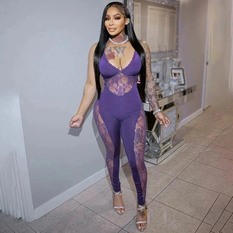 Wholesale summer mesh patchwork see through bodycon jumpsuit lace one piece jumpsuits women