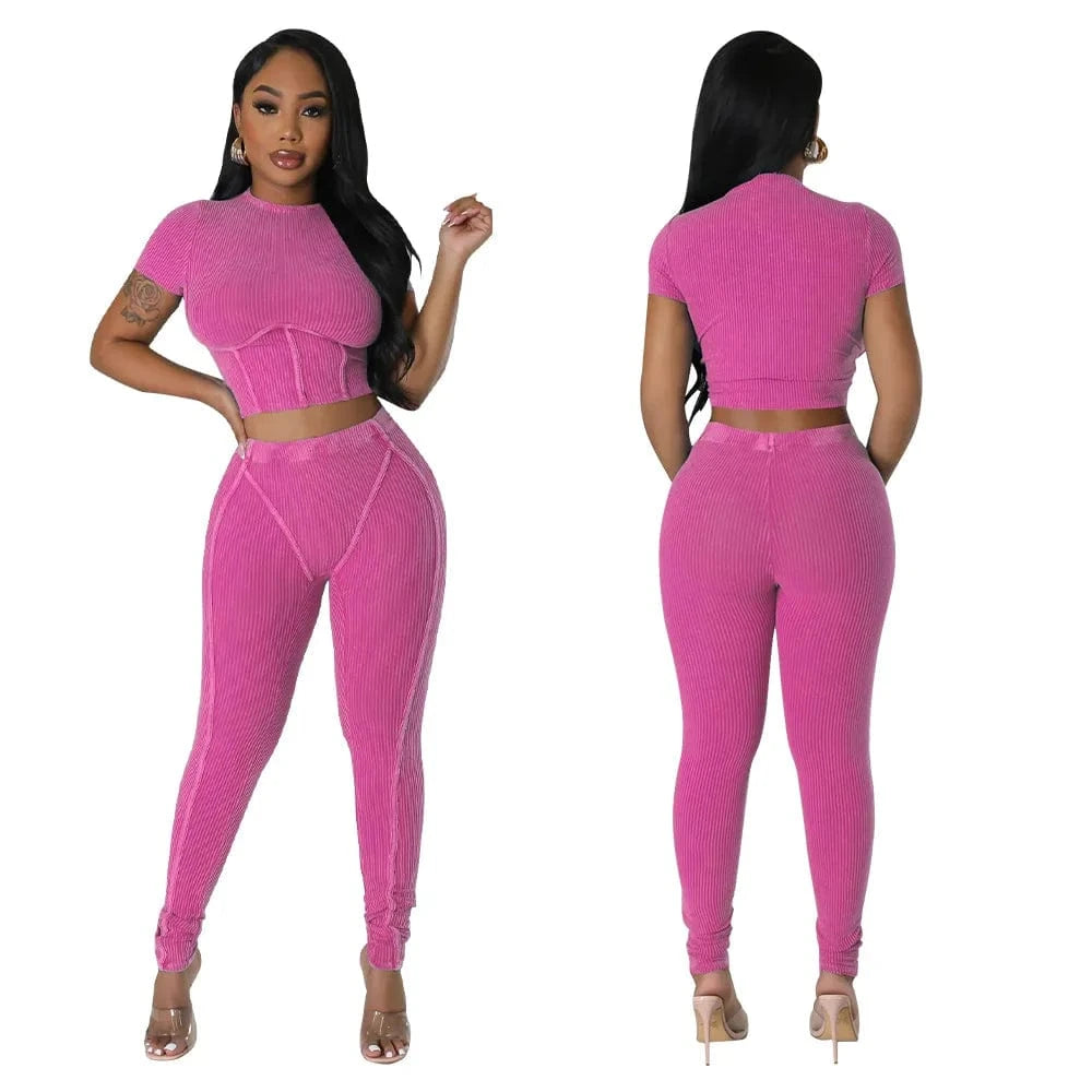 Wholesale summer short sleeve crop top 2 piece set casual ribbed fitness two piece pants set women