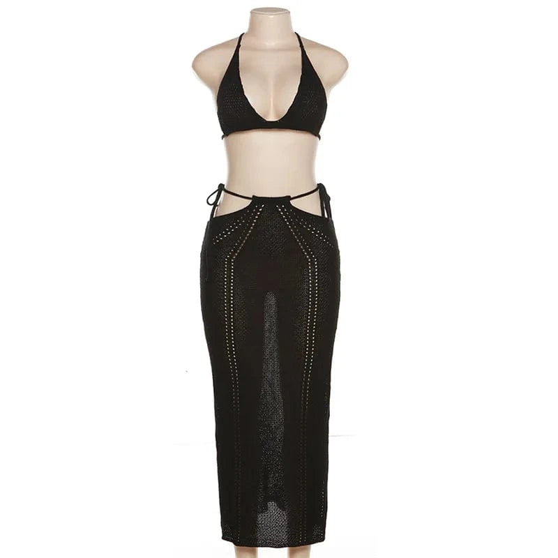 Wholesale Sweater Two Piece Knit Skirt and Top Set For Women Clothing Solid Sleeveless Night Club Party Wear