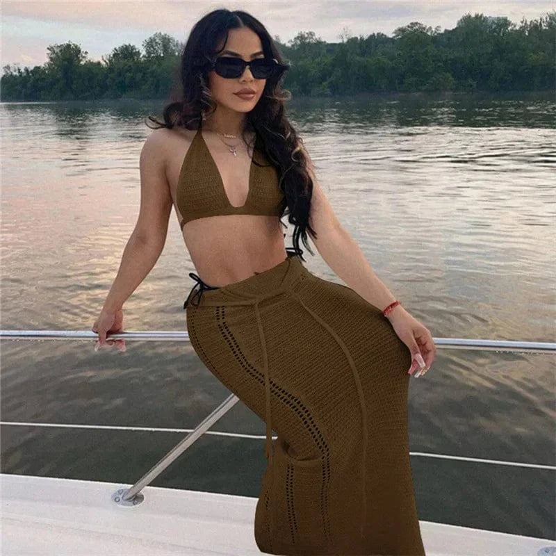 Wholesale Sweater Two Piece Knit Skirt and Top Set For Women Clothing Solid Sleeveless Night Club Party Wear