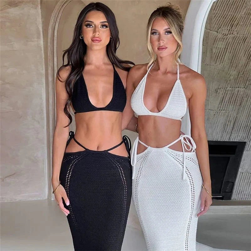 Wholesale Sweater Two Piece Knit Skirt and Top Set For Women Clothing Solid Sleeveless Night Club Party Wear
