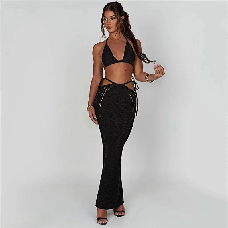 Wholesale Sweater Two Piece Knit Skirt and Top Set For Women Clothing Solid Sleeveless Night Club Party Wear