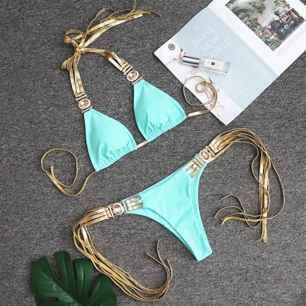 Wholesale Two-piece Sexy Swimsuit New 2024 Golden Fringed Sexy Backless Bikini Tight Patchwork Crystal Diamond Swimsuit Women