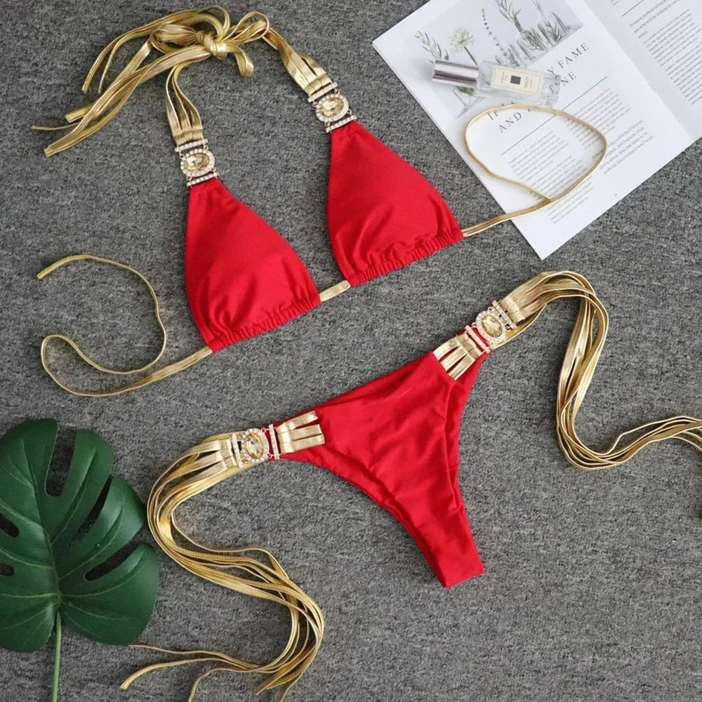 Wholesale Two-piece Sexy Swimsuit New 2024 Golden Fringed Sexy Backless Bikini Tight Patchwork Crystal Diamond Swimsuit Women