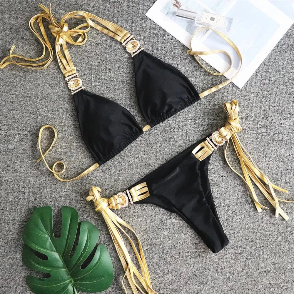 Wholesale Two-piece Sexy Swimsuit New 2024 Golden Fringed Sexy Backless Bikini Tight Patchwork Crystal Diamond Swimsuit Women