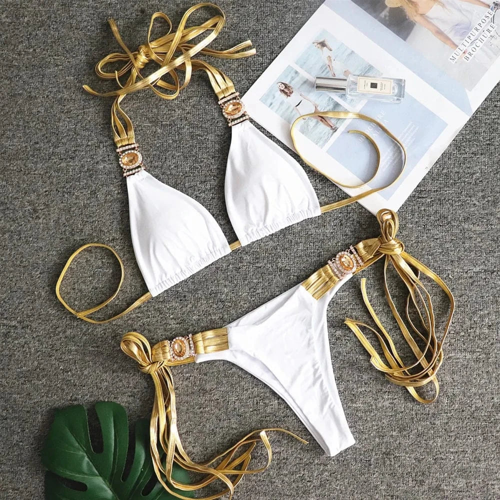Wholesale Two-piece Sexy Swimsuit New 2024 Golden Fringed Sexy Backless Bikini Tight Patchwork Crystal Diamond Swimsuit Women