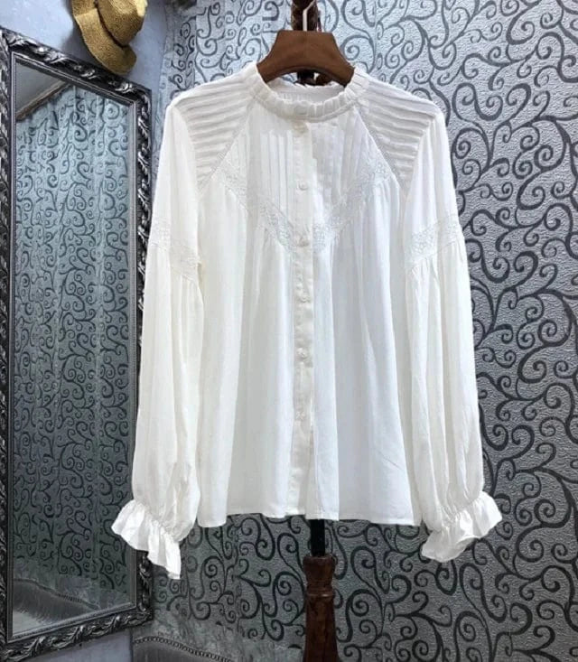 Wholesale White Shirts 2024 Spring Summer  High Quality Shirt Women  Hollow Out Lace Patchwork Long Sleeve Casual Shirt Blusas