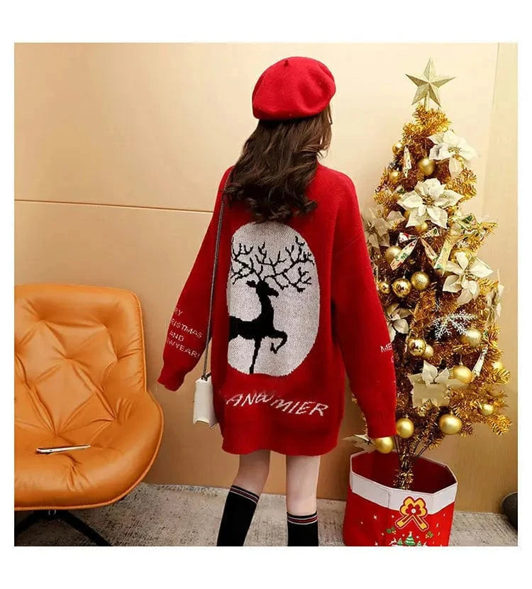 Wholesale winter new arrival fashion lady crew neck long sleeve oversized reindeer print unisex man and women christmas sweater