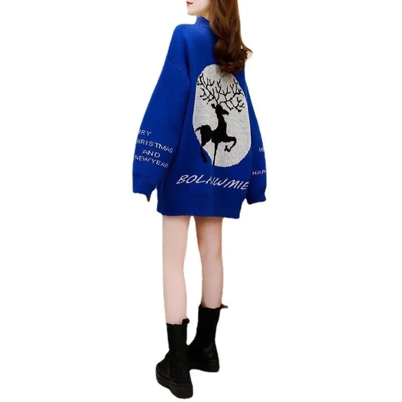 Wholesale winter new arrival fashion lady crew neck long sleeve oversized reindeer print unisex man and women christmas sweater