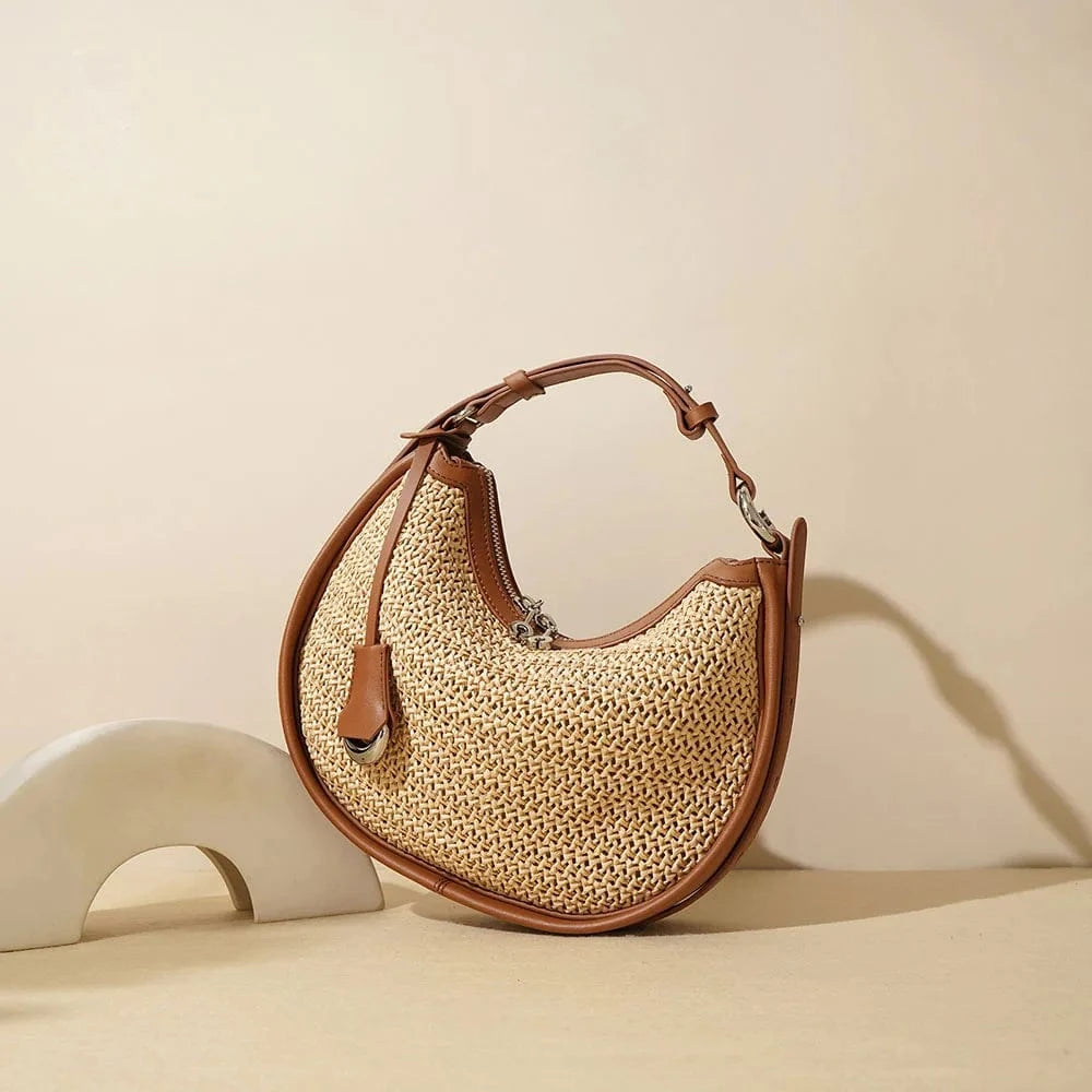 Wholesale Women Summer Natural Raffia Straw Bag Shell Shape Wicker Leather Handbag Round Rattan Bag Straw Beach Tote Hand Bag
