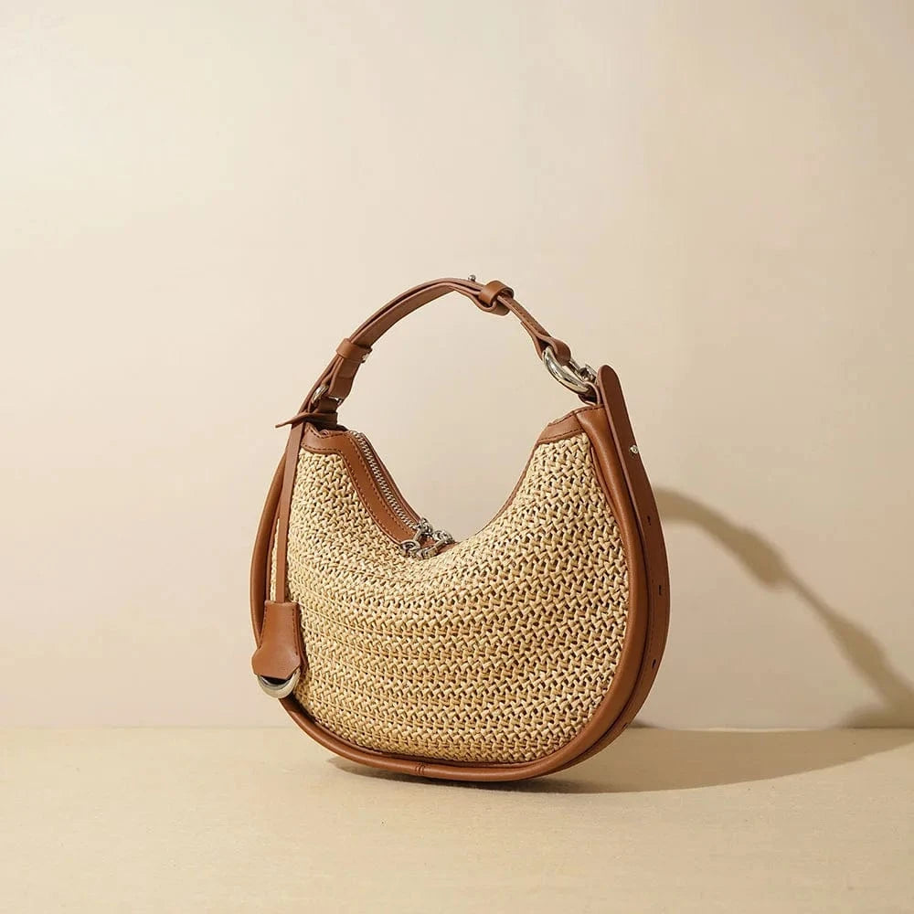Wholesale Women Summer Natural Raffia Straw Bag Shell Shape Wicker Leather Handbag Round Rattan Bag Straw Beach Tote Hand Bag
