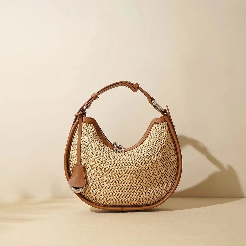 Wholesale Women Summer Natural Raffia Straw Bag Shell Shape Wicker Leather Handbag Round Rattan Bag Straw Beach Tote Hand Bag
