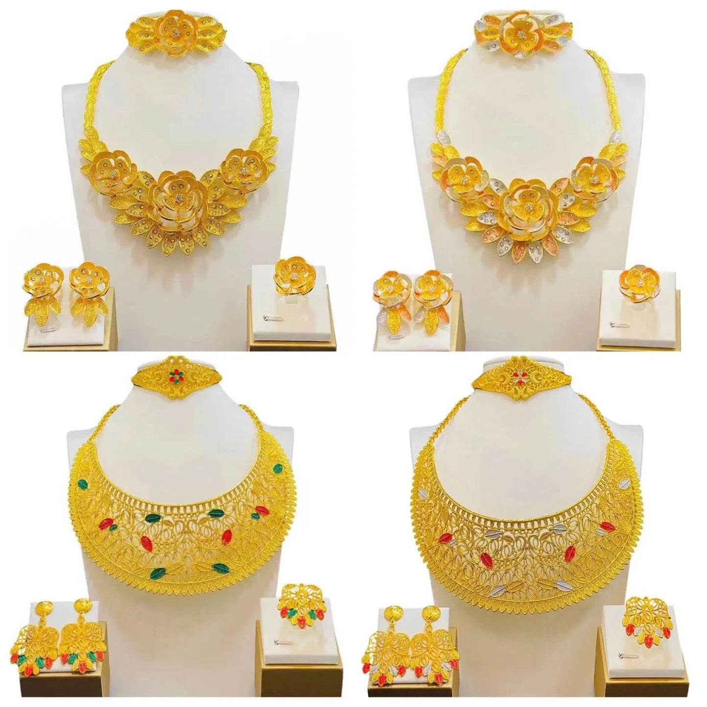 Wholesale14K Gold Indian Jewelry Set Lady Bridal Wedding Fashion Jewelry Necklaces Ring Bracelet Earrings