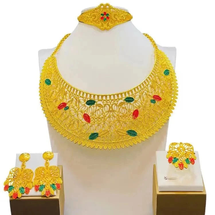 Wholesale14K Gold Indian Jewelry Set Lady Bridal Wedding Fashion Jewelry Necklaces Ring Bracelet Earrings