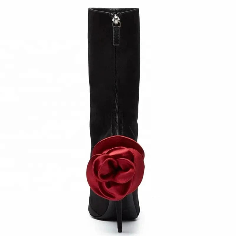 Wide Fit Women's 3D Flower Mid Calf Suede Booties Winter Pointy Toe High Heel Short Boots Stiletto Shoes Big Size 46