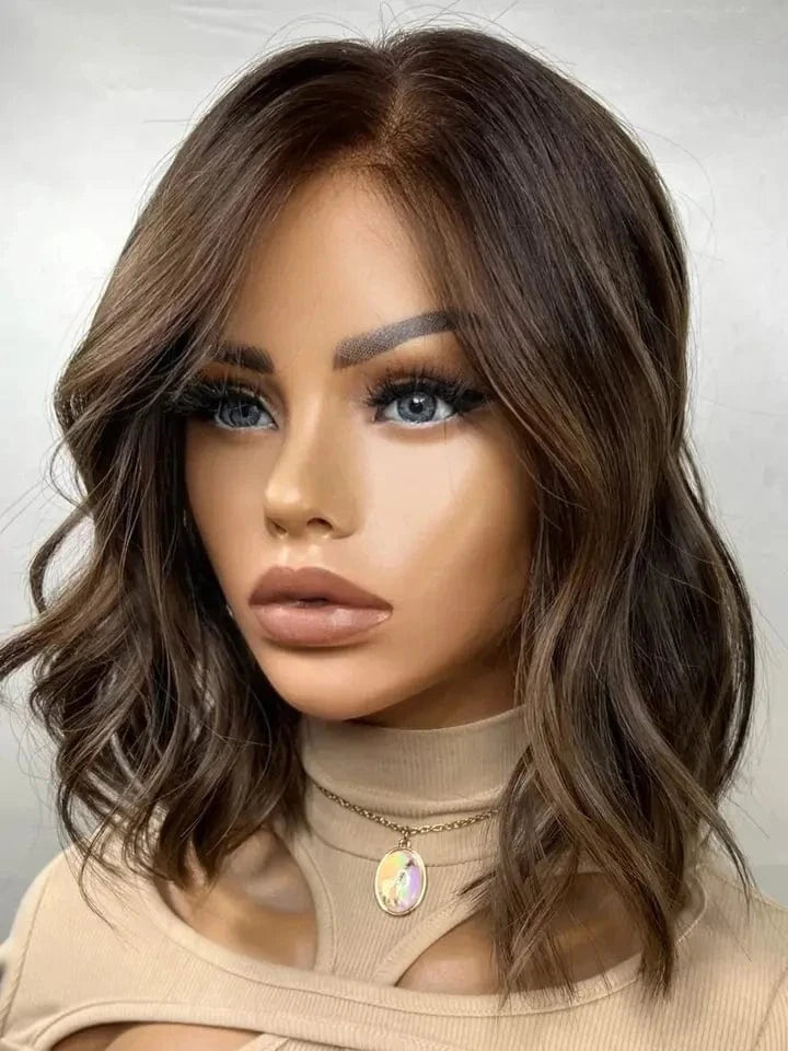 Wig 11 / 8 Inches New Autumn Wig Copper Reddish Brown Highlight Color Short Wave Cut Virgin Remy European Cuticle Human Hair Lace Front Wigs