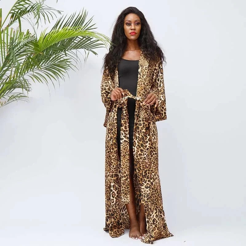 Wild Leopard Print Women Long Kimono Plus Sizes Long Sleeve Sexy Night Robe Factory Wholesale Maxi Length Night Gowns