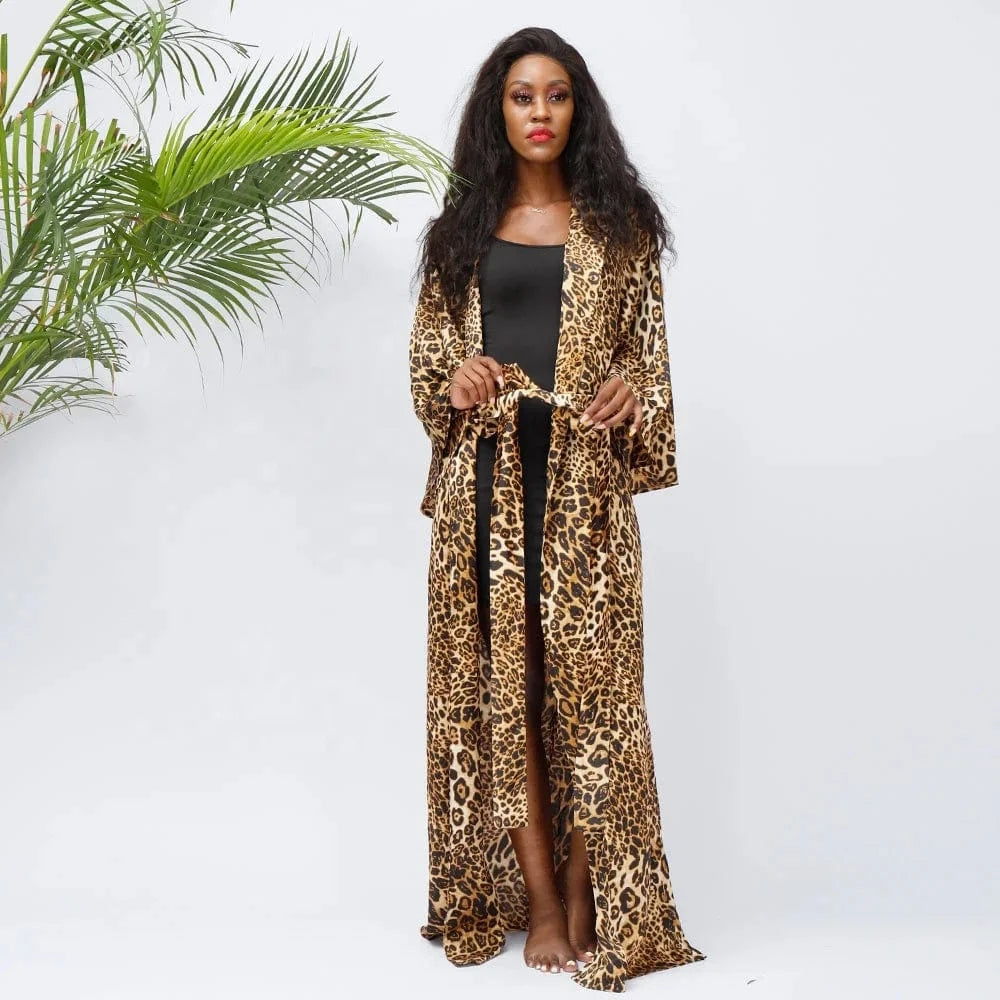 Wild Leopard Print Women Long Kimono Plus Sizes Long Sleeve Sexy Night Robe Factory Wholesale Maxi Length Night Gowns