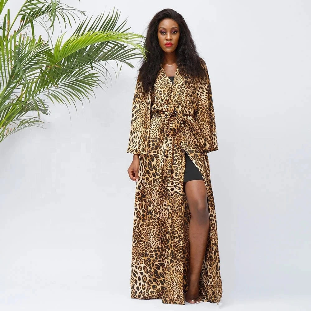 Wild Leopard Print Women Long Kimono Plus Sizes Long Sleeve Sexy Night Robe Factory Wholesale Maxi Length Night Gowns